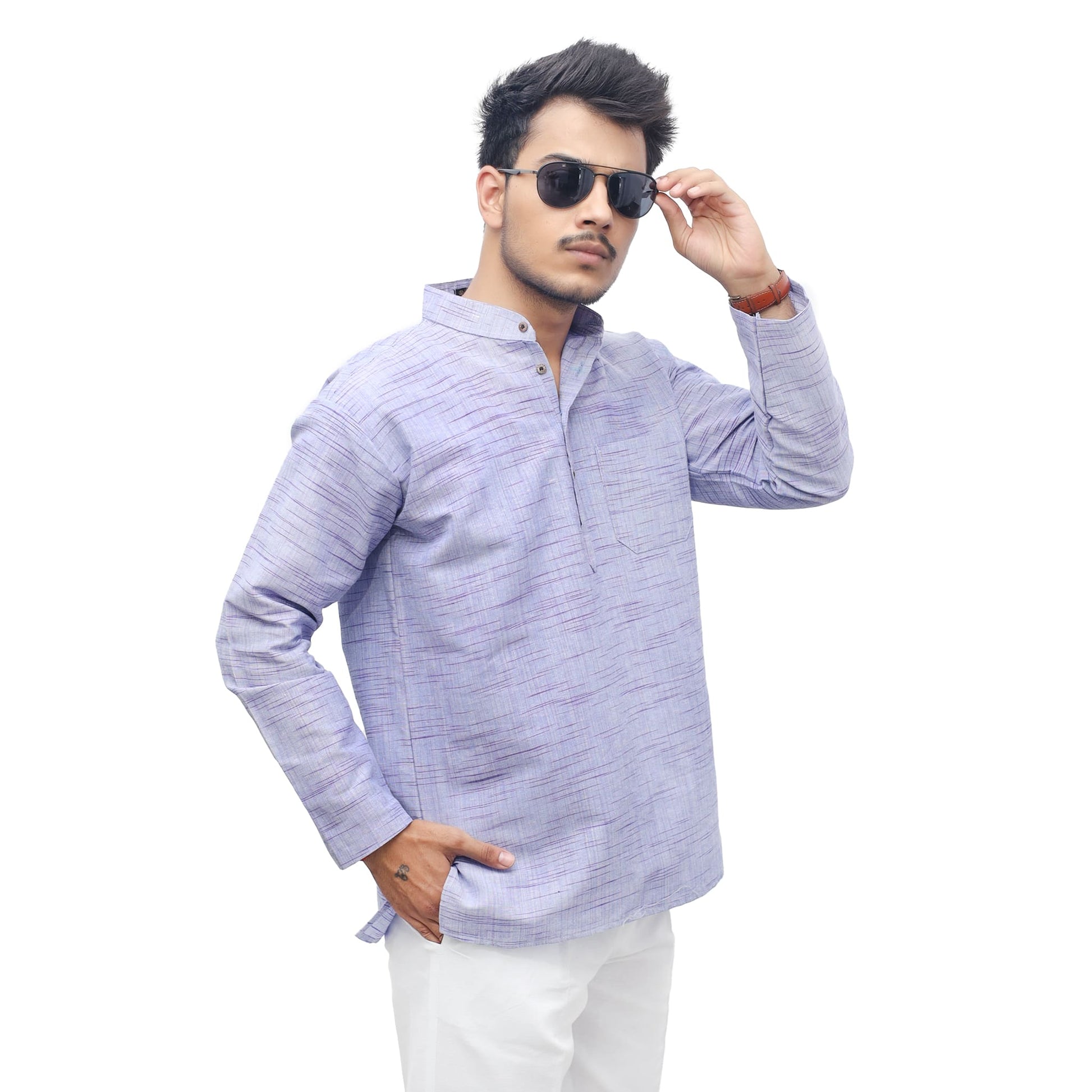 Blue textured Jharna short khadi cotton kurta with mandarin collar side pose