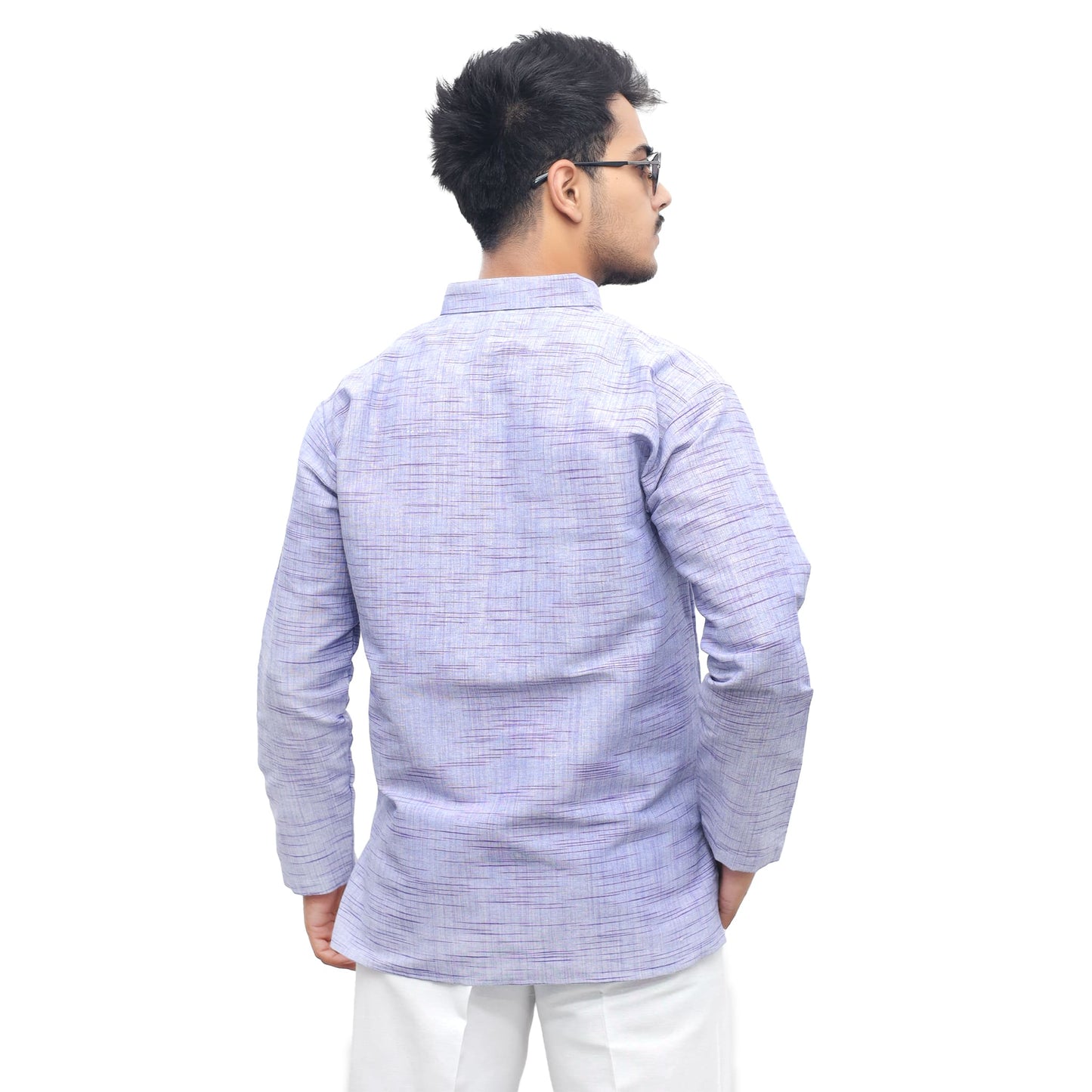 Back view of blue textured khadi cotton short kurta for men