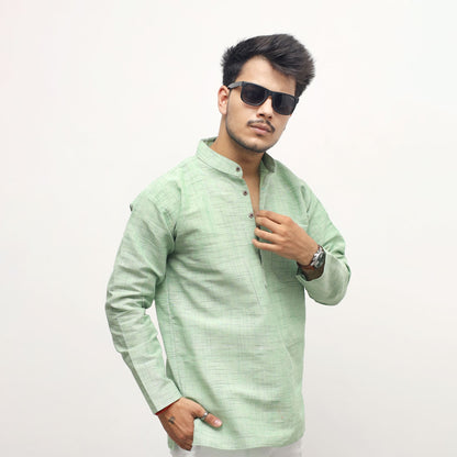 Green textured Jharna full sleeves khadi short kurta front view for men