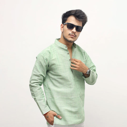 Green textured Jharna full sleeves khadi short kurta front view for men