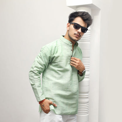 Men’s green khadi cotton short kurta stylish casual ethnic wear