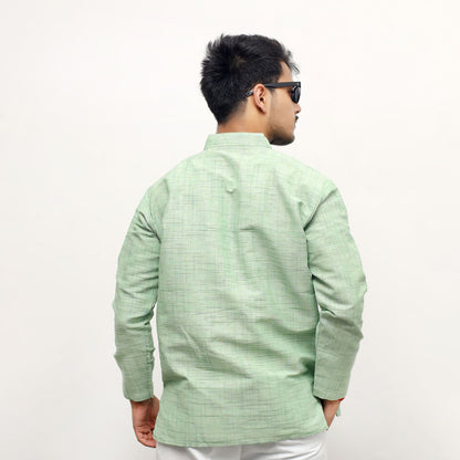 Back side view of green textured Jharna full sleeves short kurta