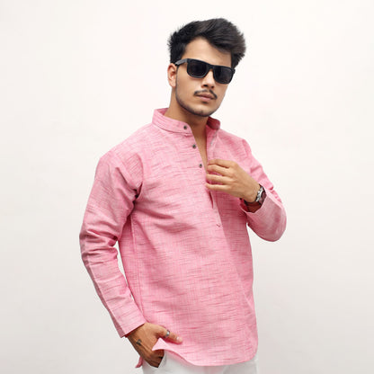 Pink textured Jharna full sleeves khadi cotton short kurta front view