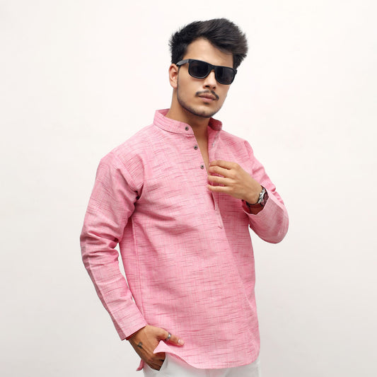 Pink textured Jharna full sleeves khadi cotton short kurta front view