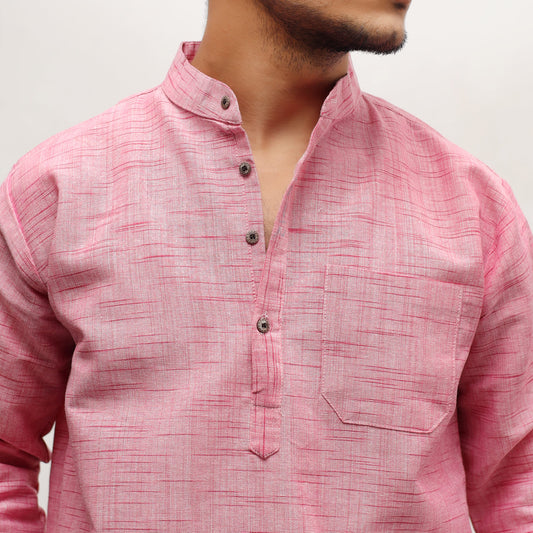 Pink khadi cotton short kurta textured fabric close-up for men