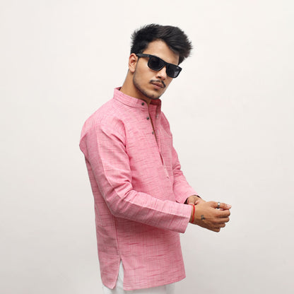 Side angle pink textured full sleeves khadi cotton short kurta for casual wear
