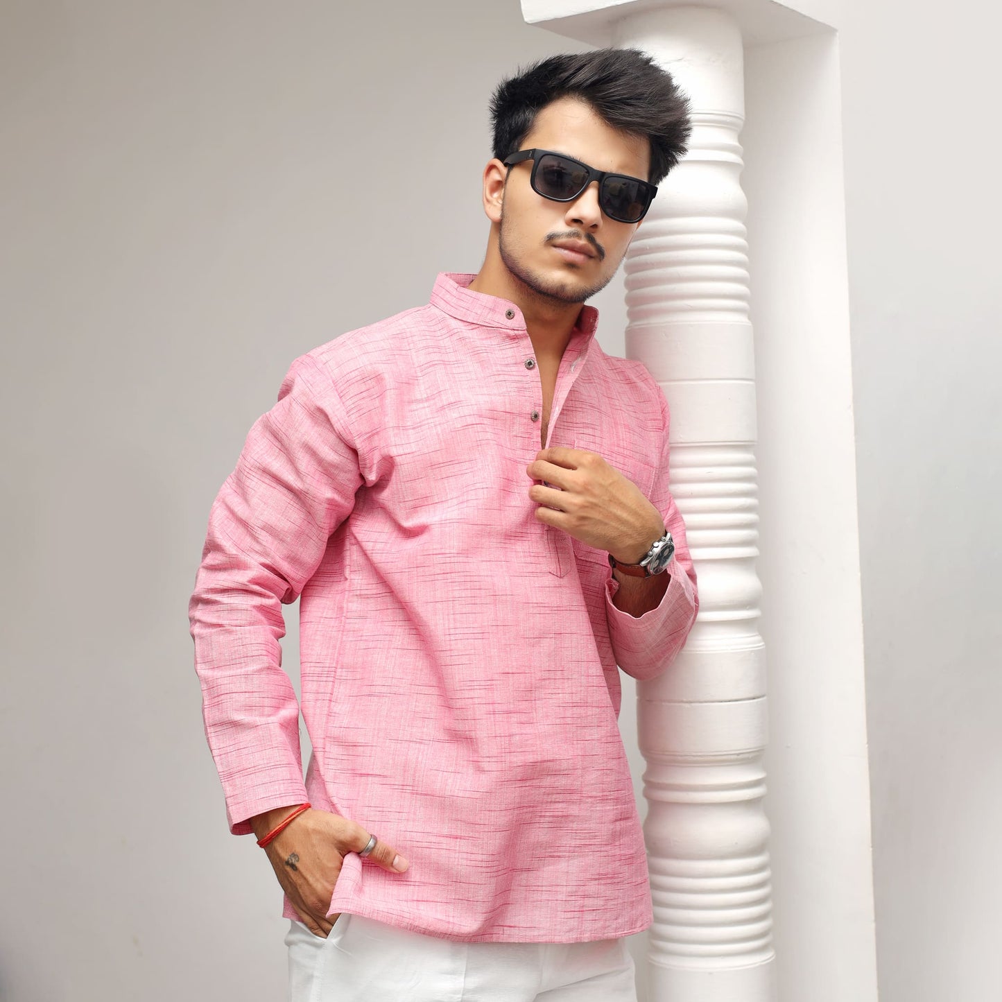Men’s pink khadi cotton short kurta with mandarin collar