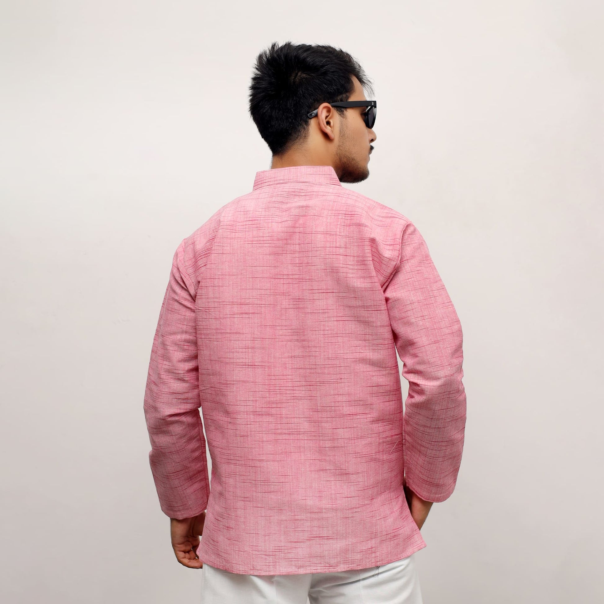 Back side pink textured Jharna khadi cotton short kurta for men
