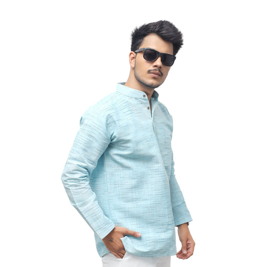 Sky Blue textured Jharna Full Sleeves Khadi Cotton Short Kurta front view