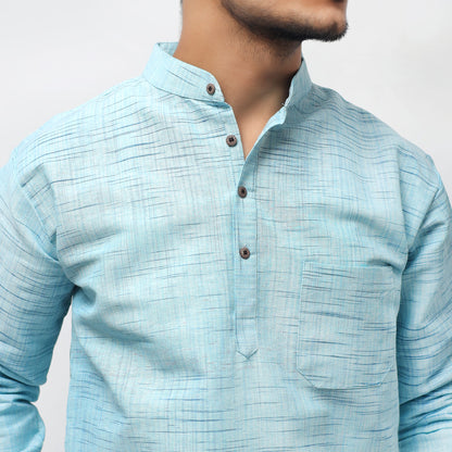 Sky Blue cotton khadi short kurta textured collar closeup