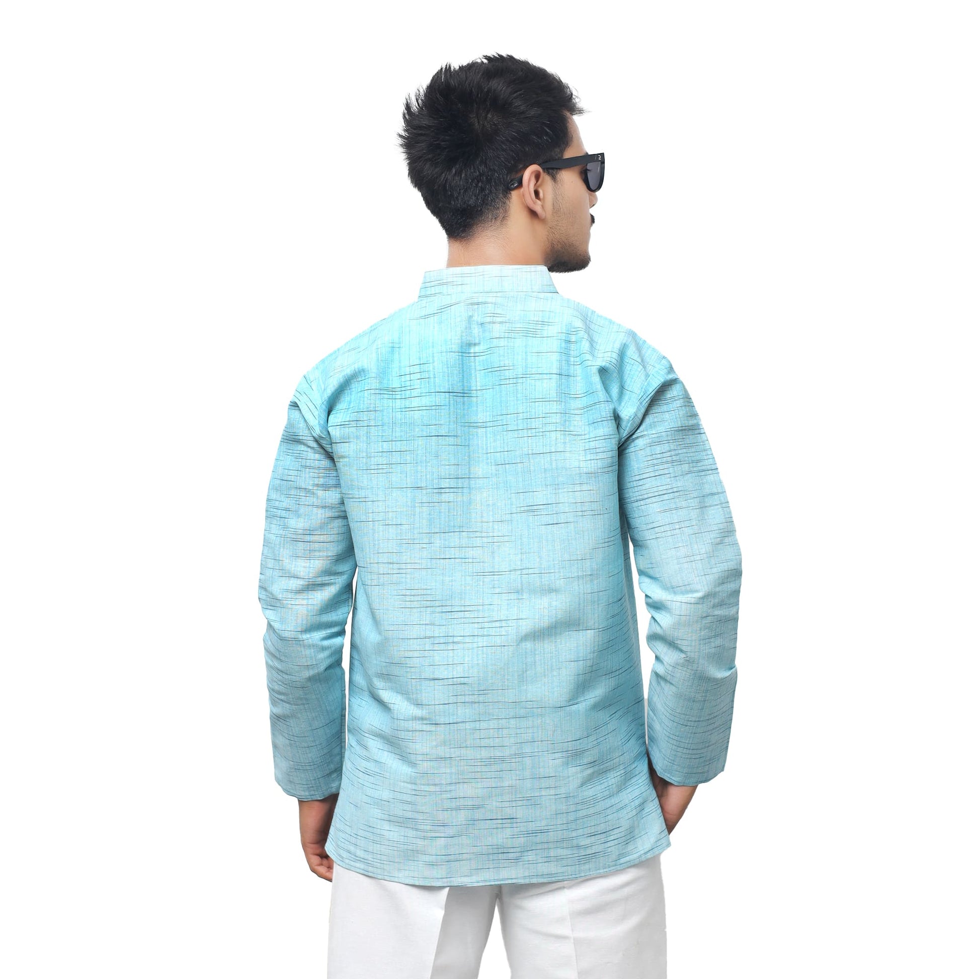 Men wearing Sky Blue textured khadi short kurta casual look
