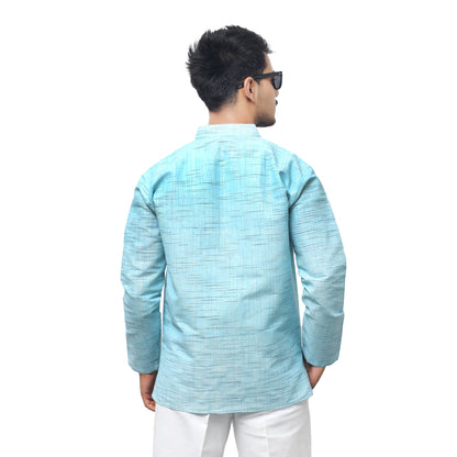 Men wearing Sky Blue textured khadi short kurta casual look