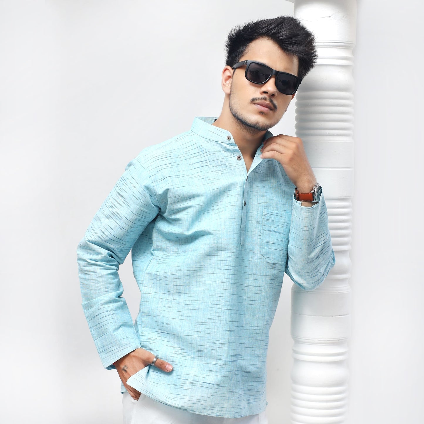 Sky Blue textured Jharna Full Sleeves Cotton Khadi Short Kurta back view