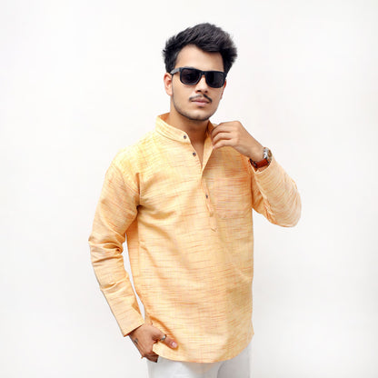 Yellow textured Jharna full sleeves khadi cotton short kurta front view