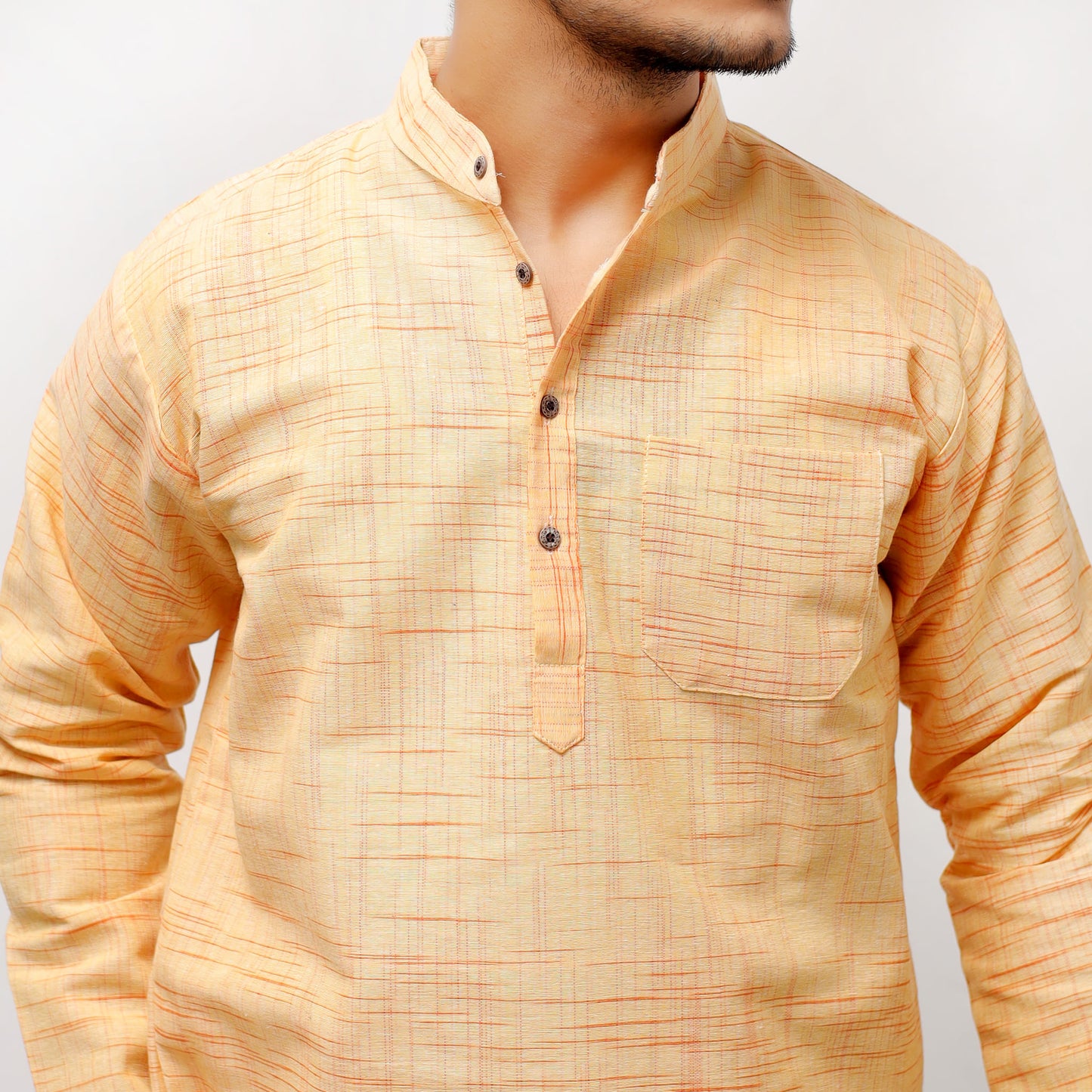 Yellow khadi cotton short kurta textured close-up for men