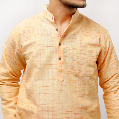 Yellow khadi cotton short kurta textured close-up for men