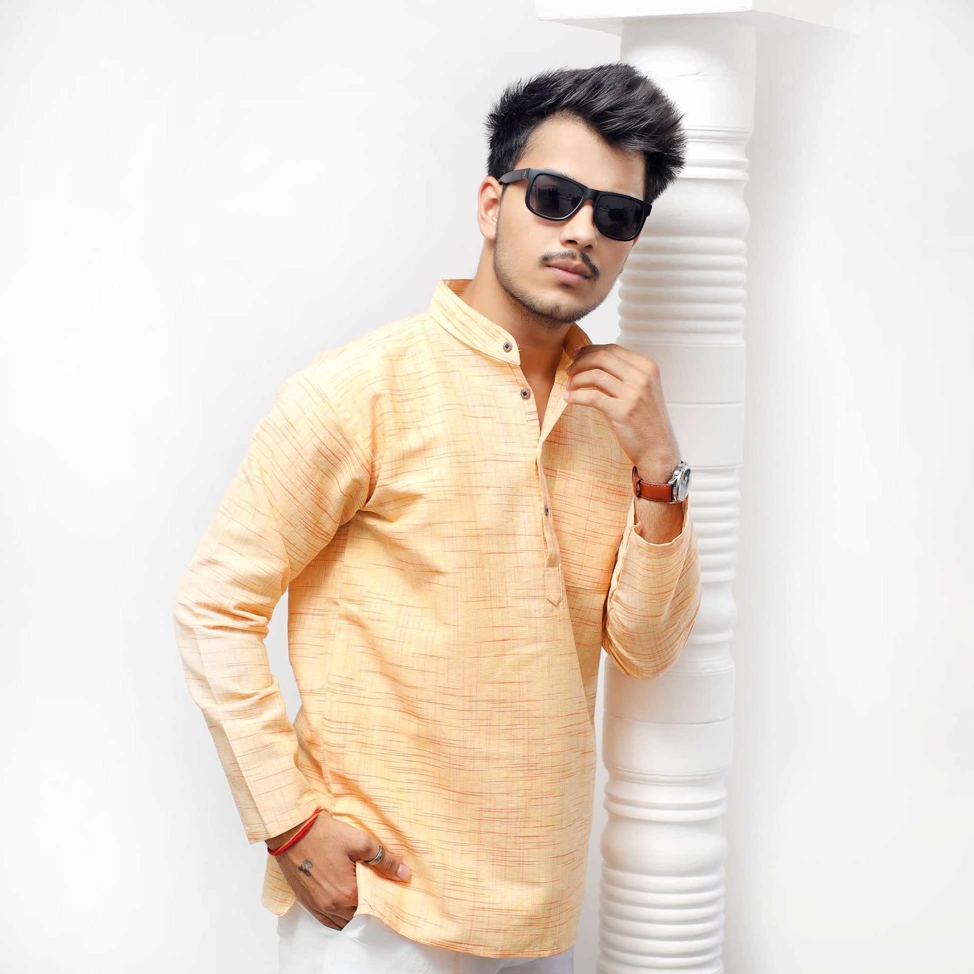 Yellow Jharna khadi cotton short kurta casual ethnic styling