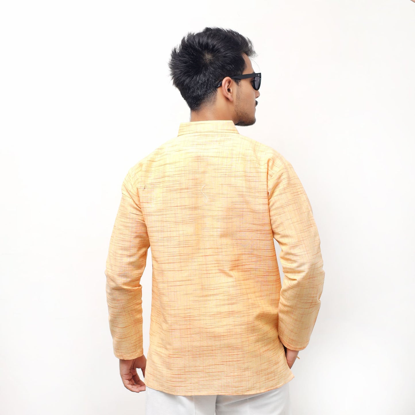 Yellow textured khadi cotton short kurta back profile for men