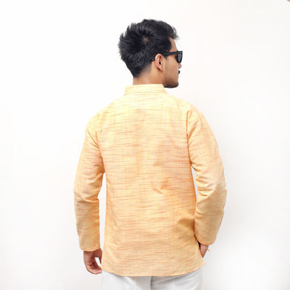 Yellow textured khadi cotton short kurta back profile for men