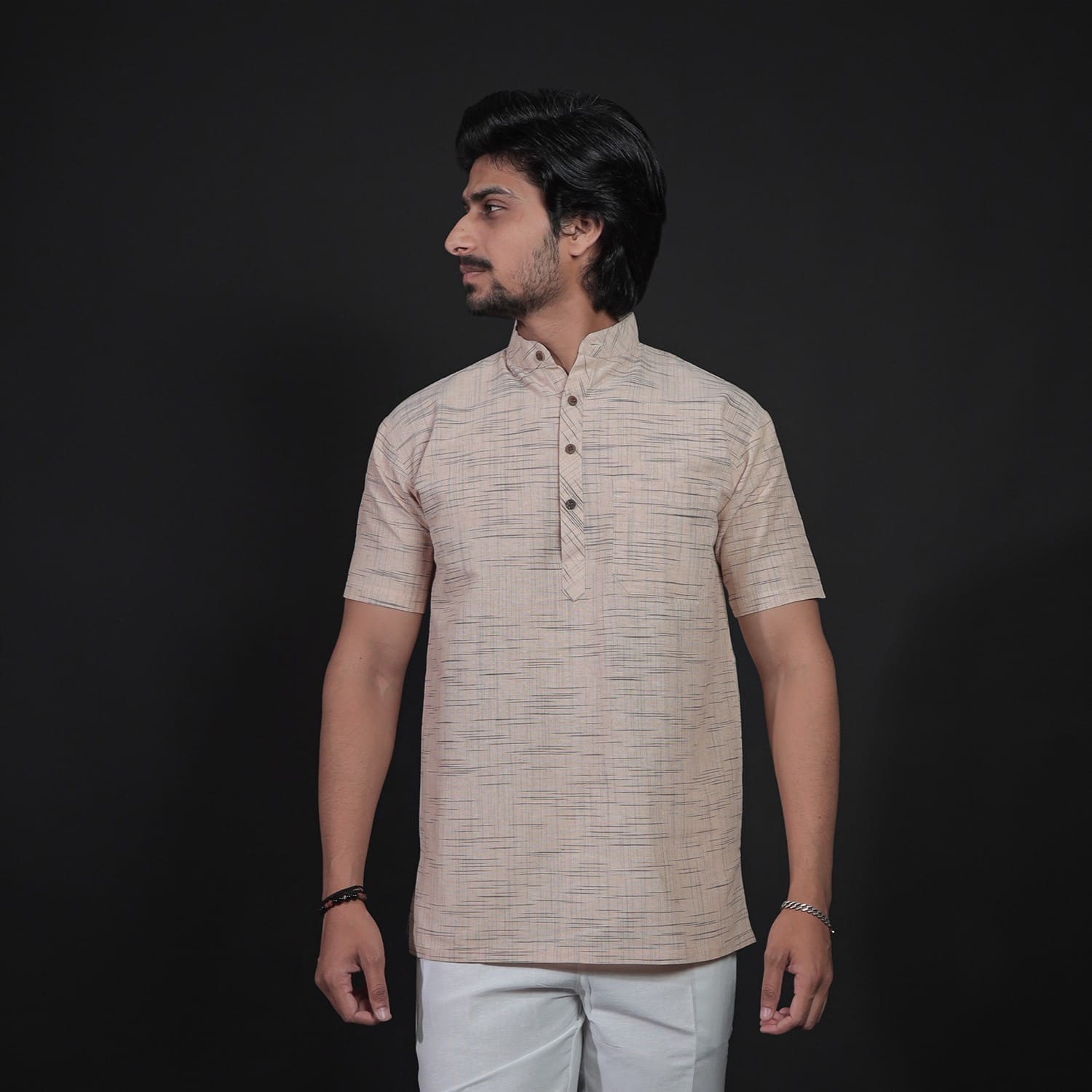 Jharna half sleeves short khadi beige kurta front view