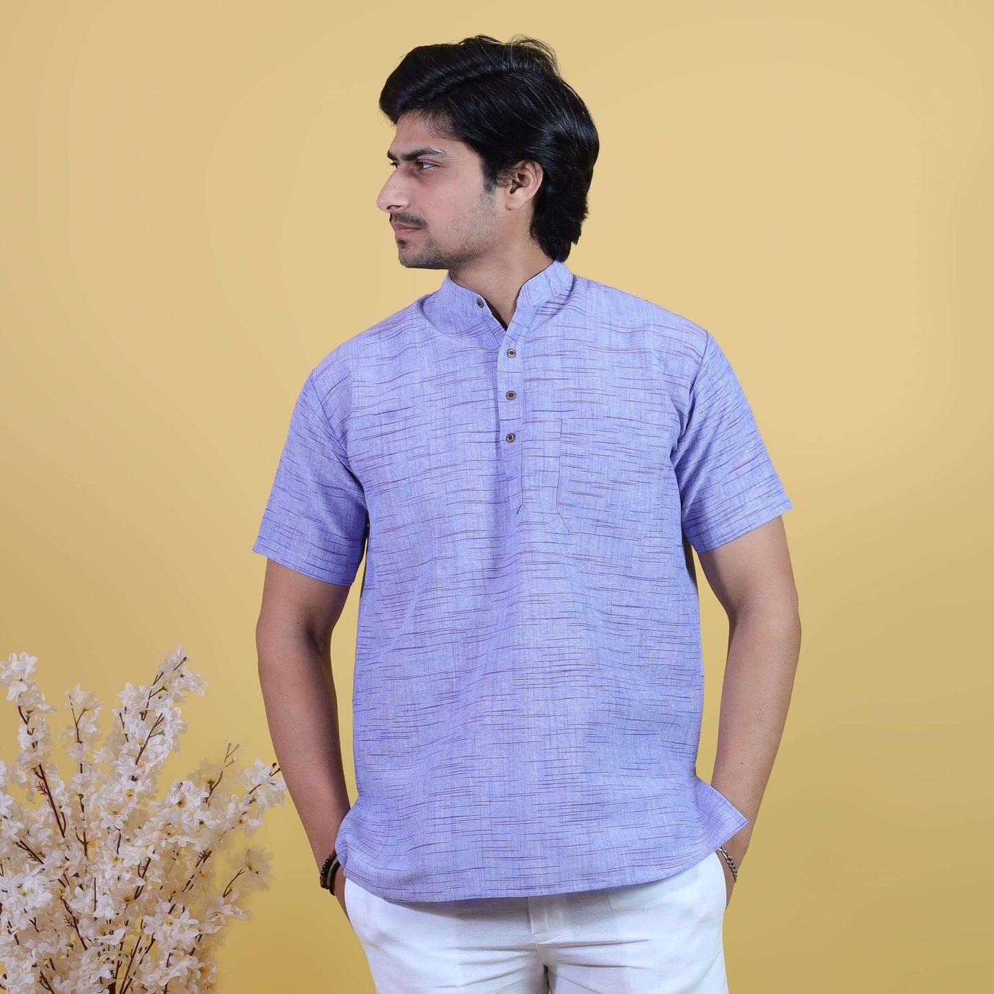 Jharna half sleeves short khadi blue kurta front view