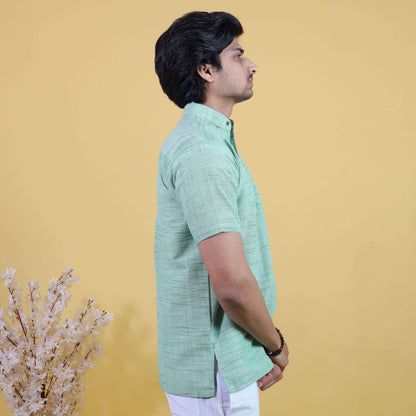 Side profile green short khadi kurta for men