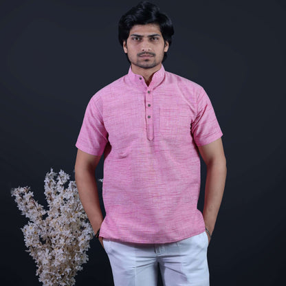 Jharna half sleeves short khadi pink kurta front view