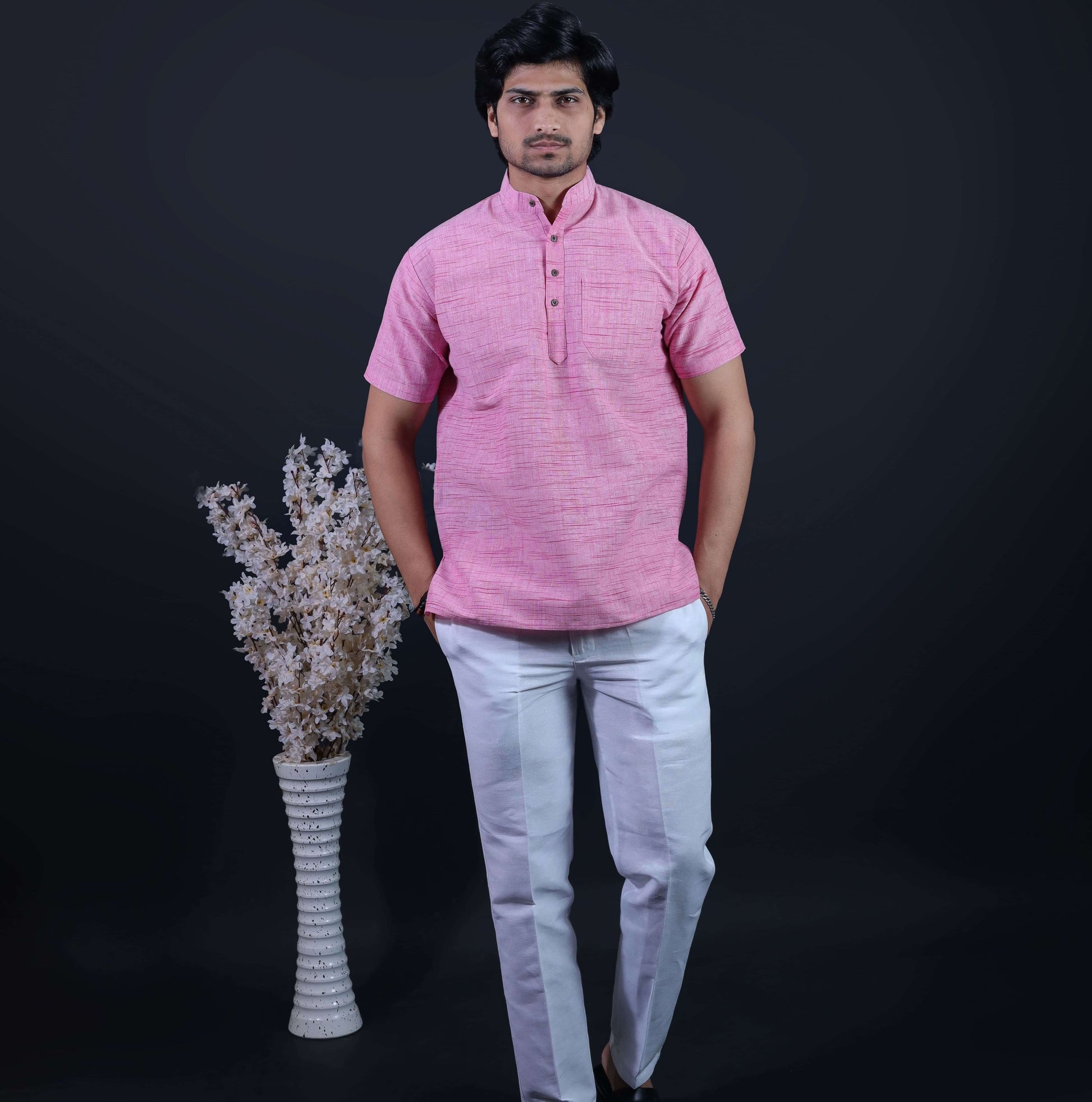Men’s Pink Short Kurta with White Pant Full Outfit View