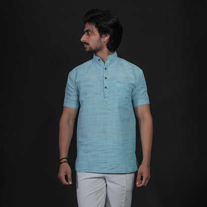 Jharna half sleeves short khadi sky blue kurta front view