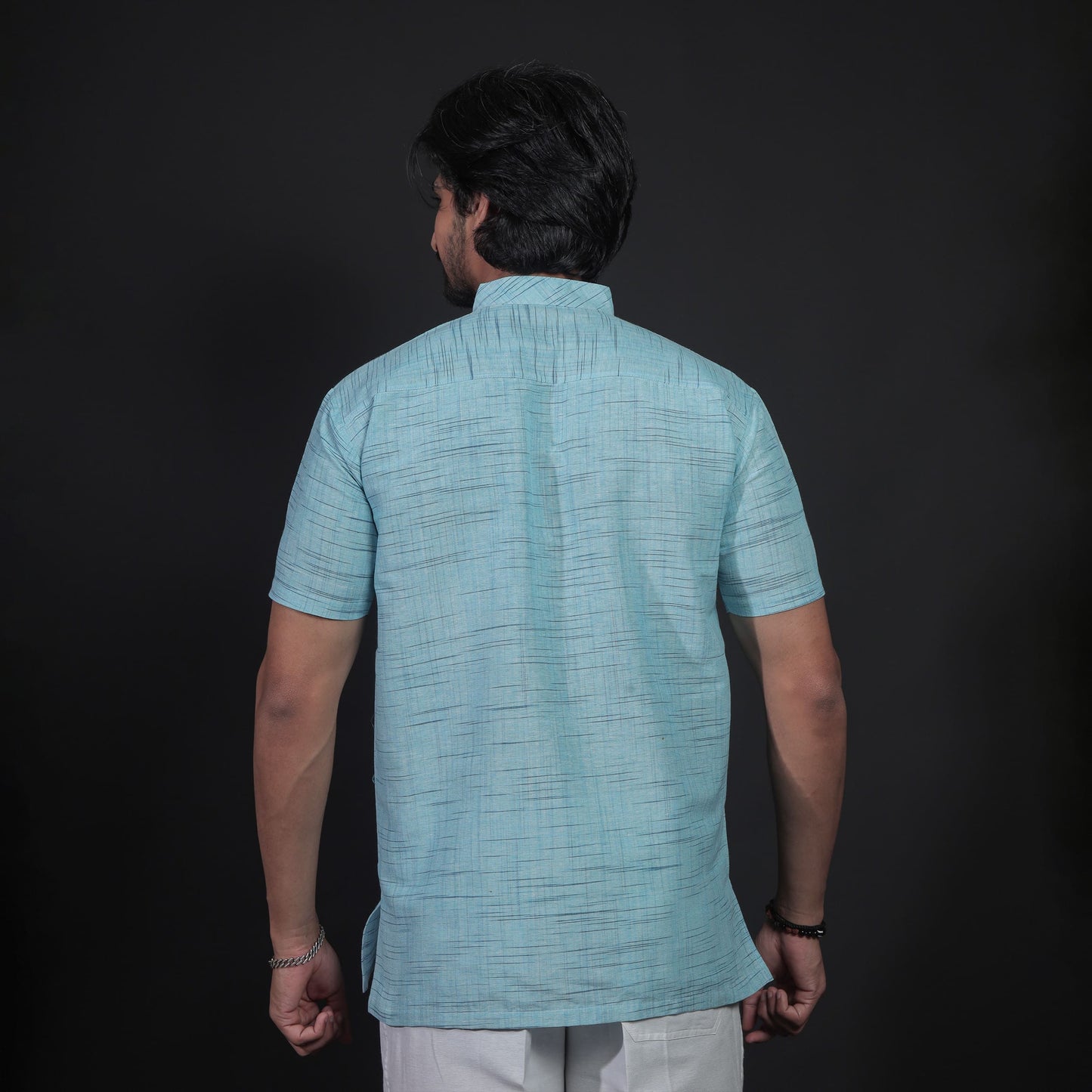 Back view sky blue short khadi kurta for men