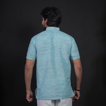 Back view sky blue short khadi kurta for men