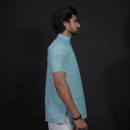Side profile sky blue jharna khadi kurta half sleeves