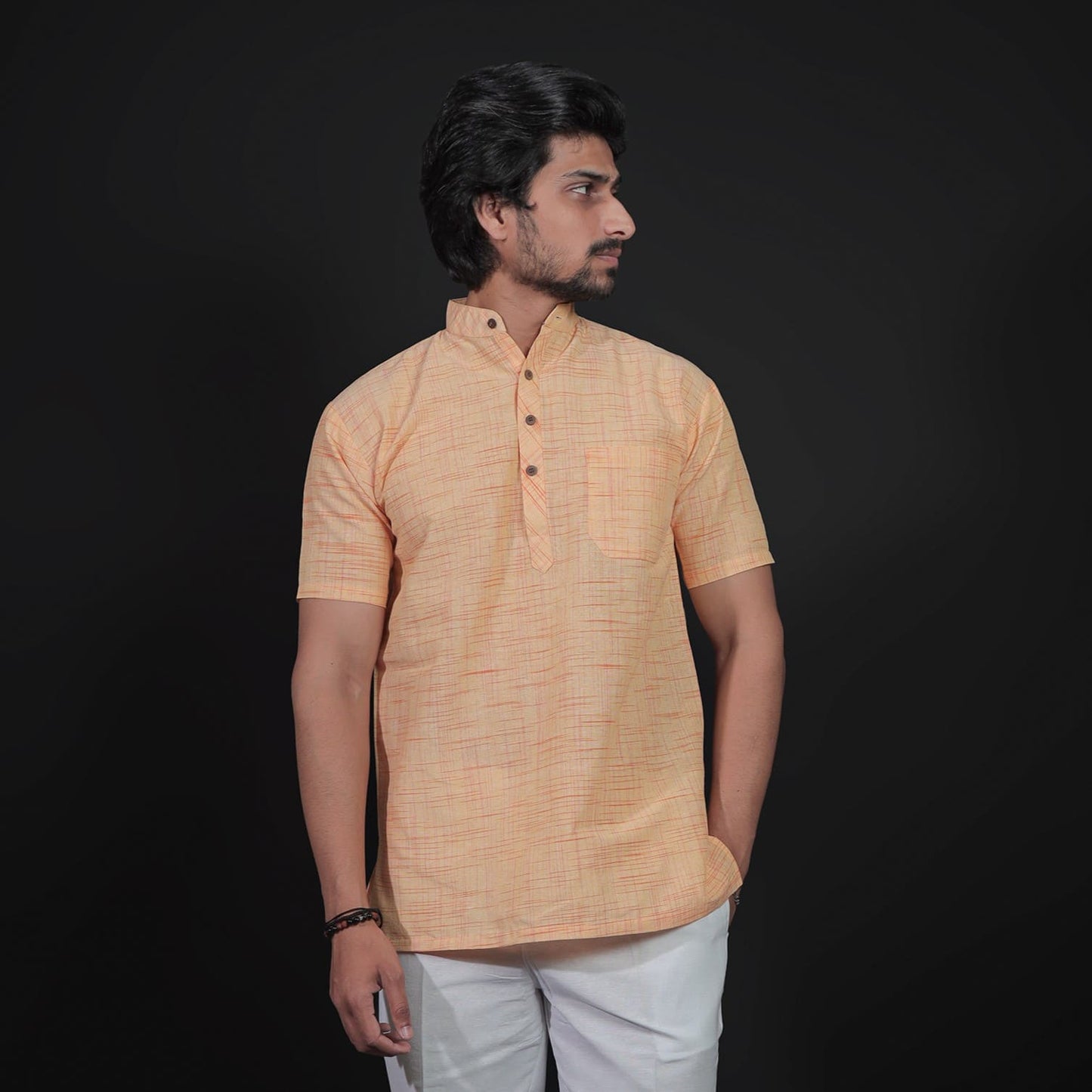 Jharna half sleeves short khadi yellow kurta front view