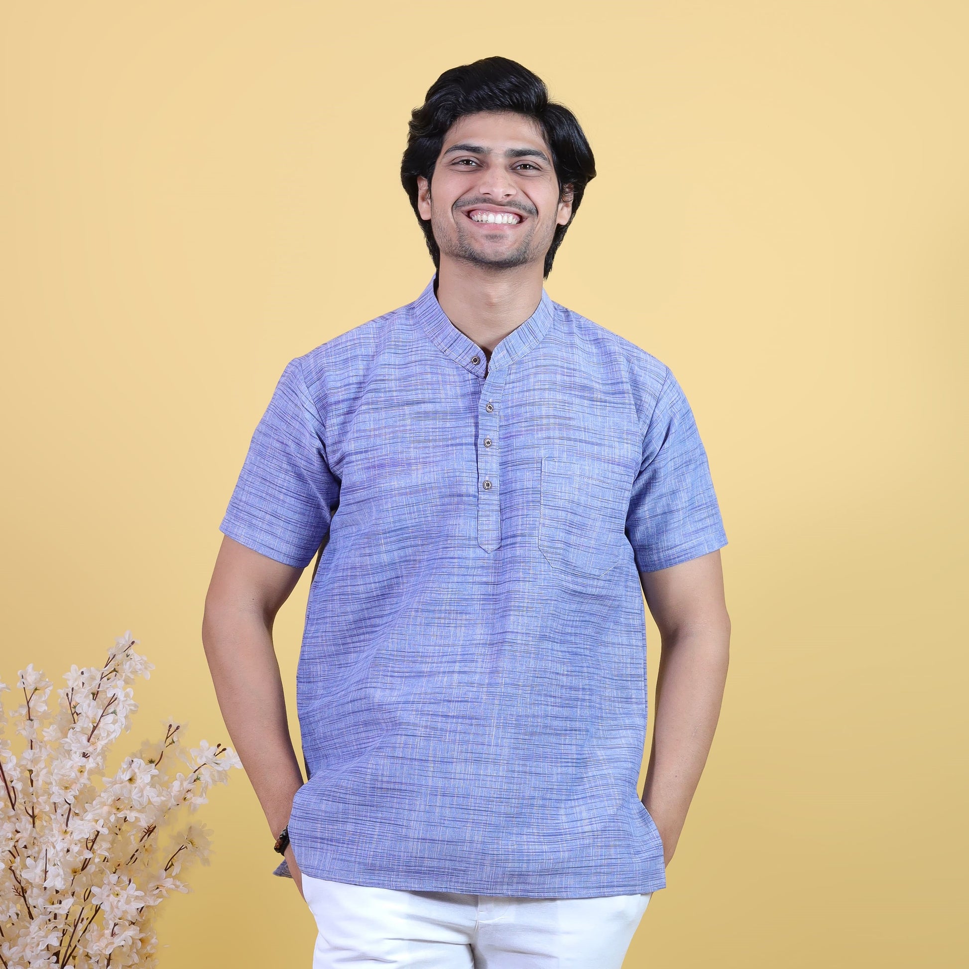 Blue Light Jharna half sleeves short kurta pant for men front view