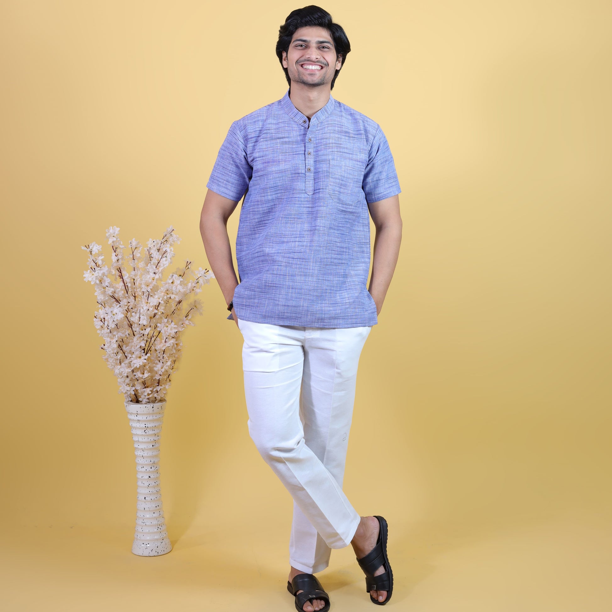 Blue Light Jharna Half Sleeves Short Kurta Pant Combo Set for Men by Kargham