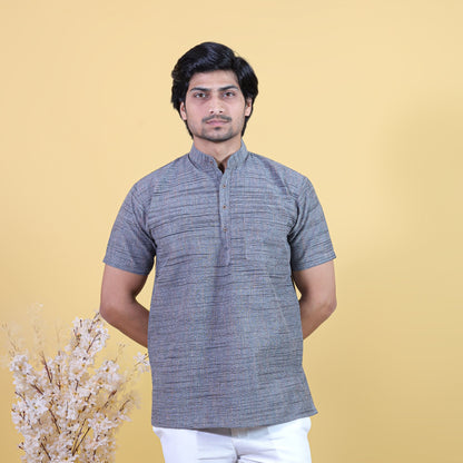 Grey Light Jharna half sleeves khadi cotton kurta for men front view