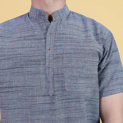 Close-up of Grey Light Jharna khadi cotton kurta texture and mandarin collar