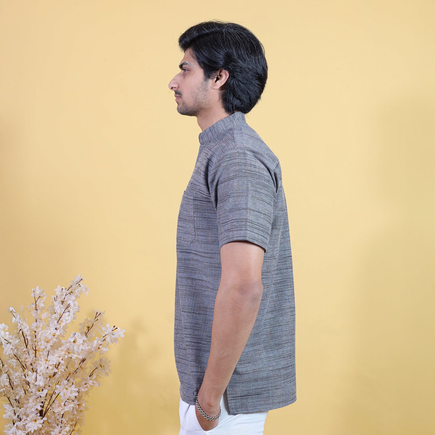 Side profile of Grey Light Jharna short khadi cotton kurta for men