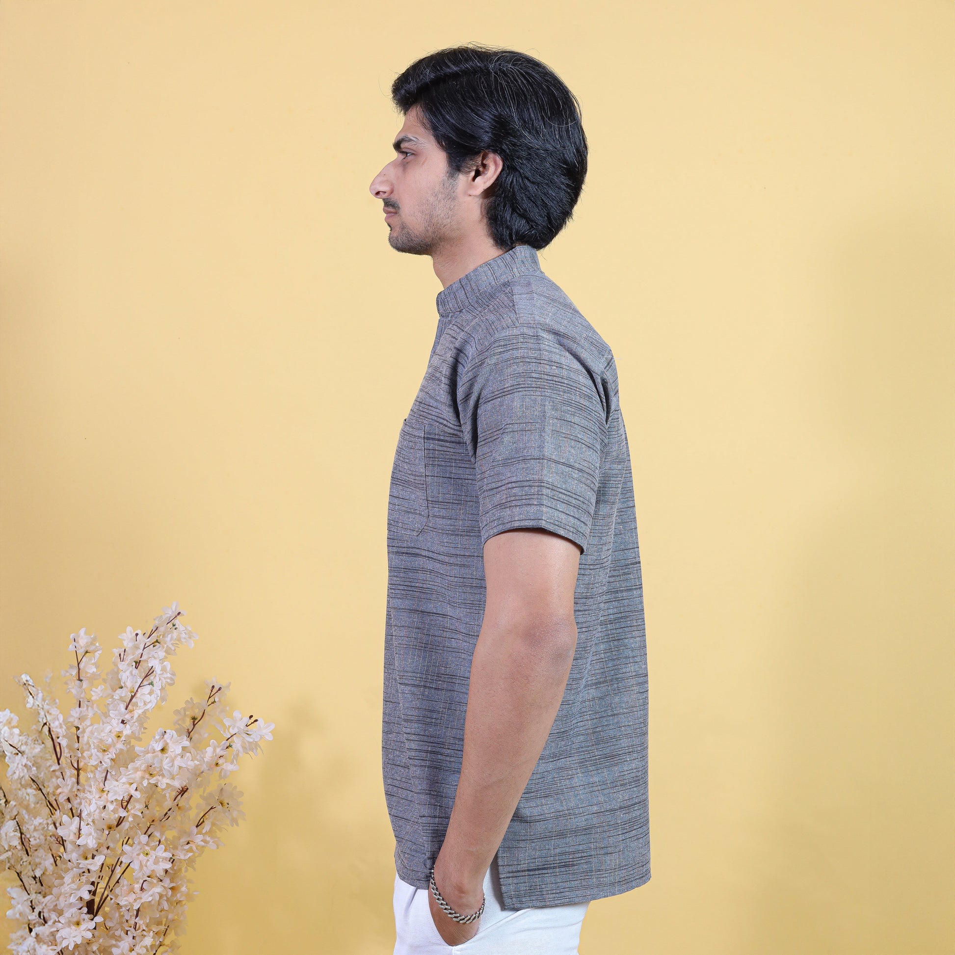 Side profile of Grey Light Jharna short khadi cotton kurta for men