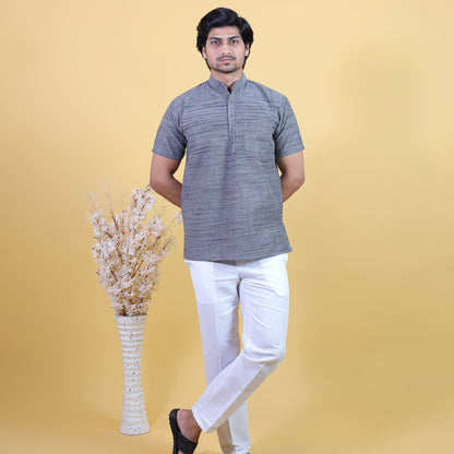 Men's Grey Light Jharna Half Sleeves Short Kurta Pant Combo Set
