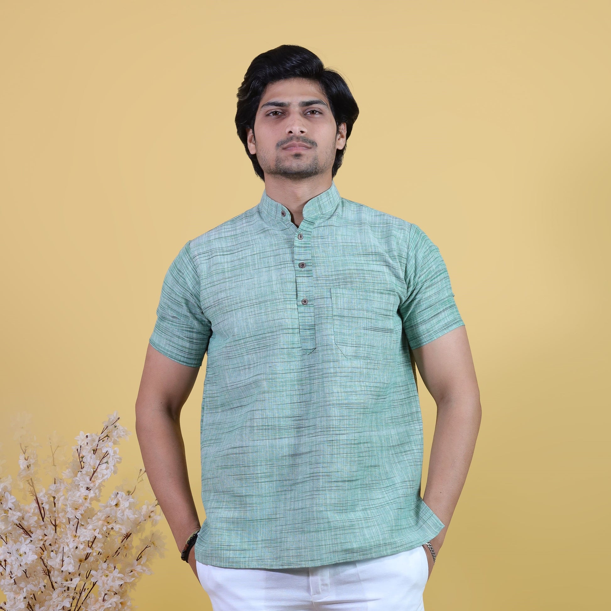 Green Light Jharna Half Sleeves Short Kurta Pant for Men front view