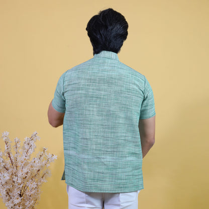 Back view of Green Light Jharna half sleeves khadi cotton kurta pant set