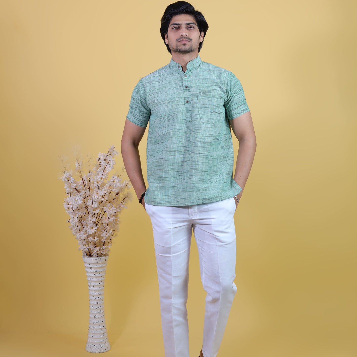 Green Light Jharna Short Kurta Pant Combo Set for Men by Kargham
