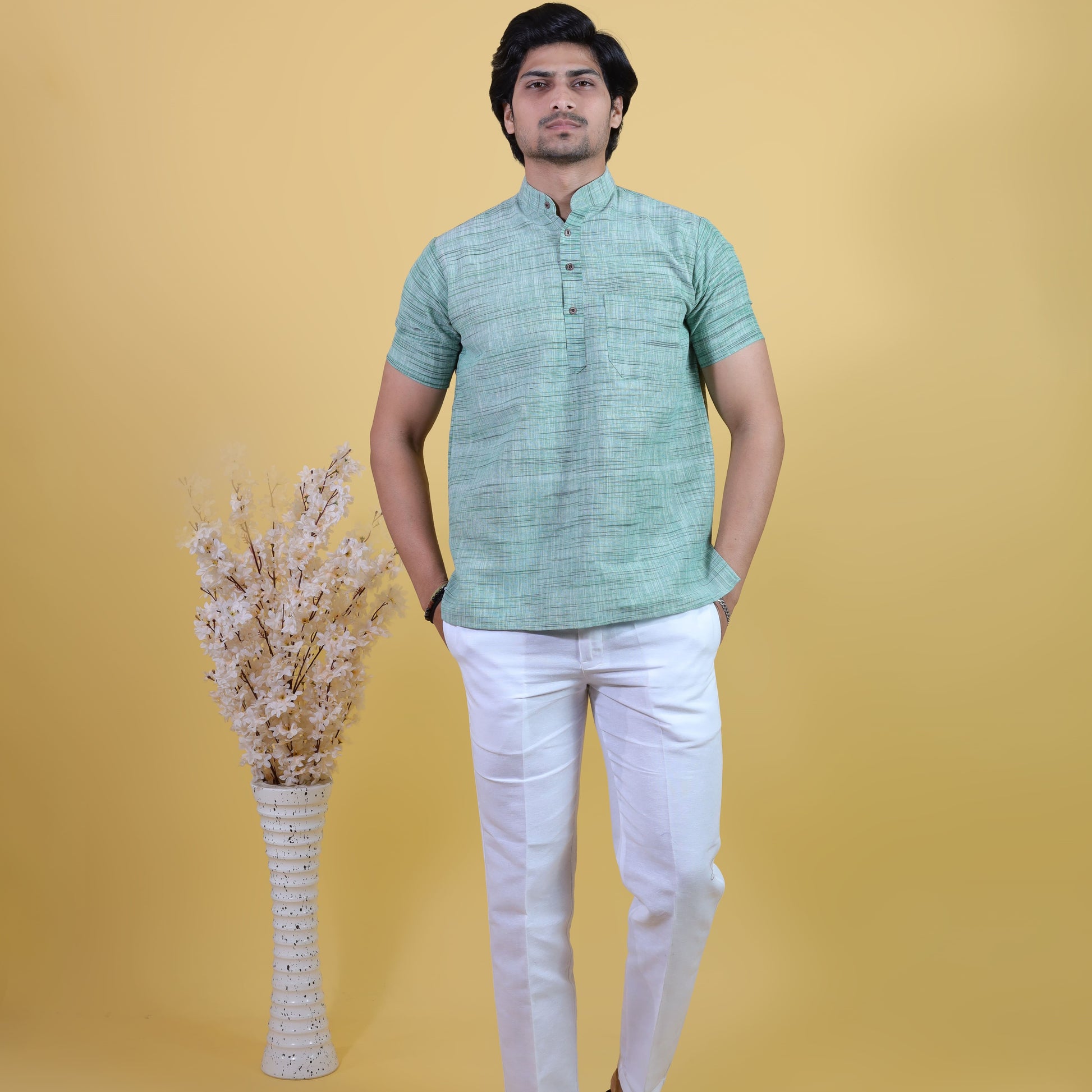 Green Light Jharna Short Kurta Pant Combo Set for Men by Kargham