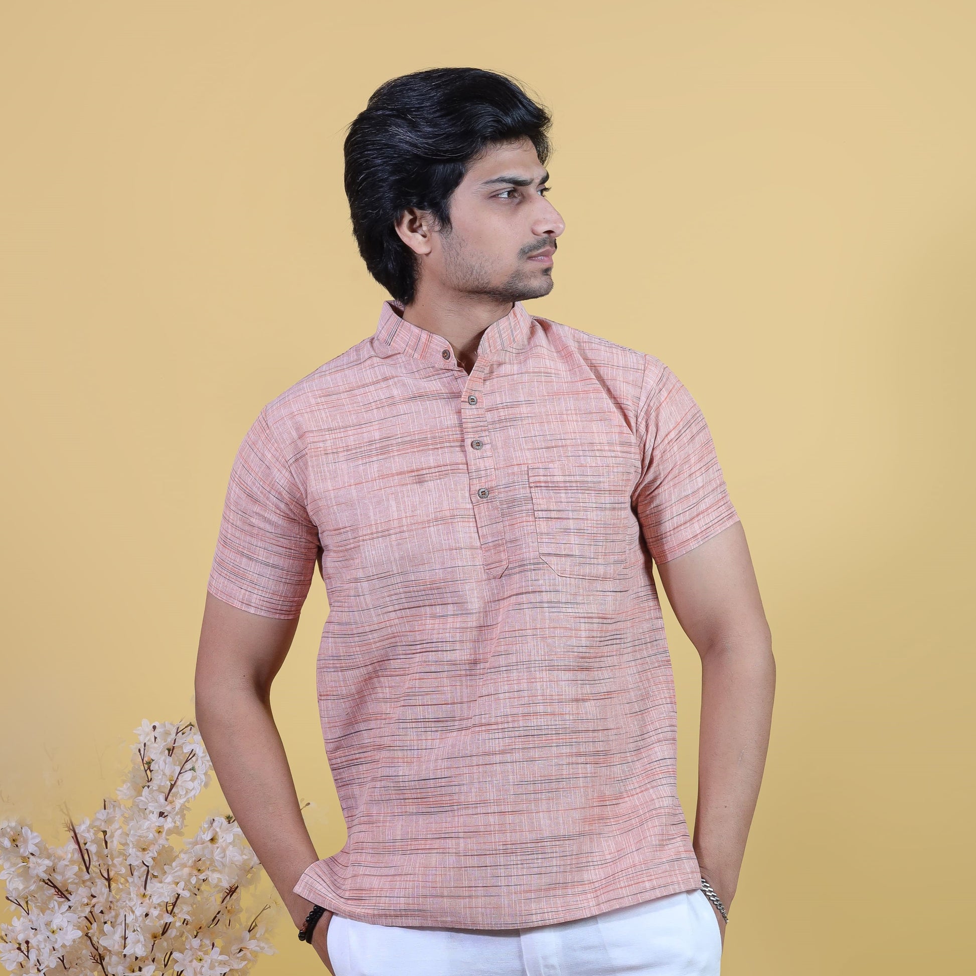 Side profile of Orange Light Jharna short kurta for men