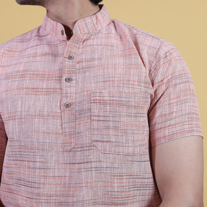 Close-up of Orange Light Jharna khadi kurta texture and mandarin collar