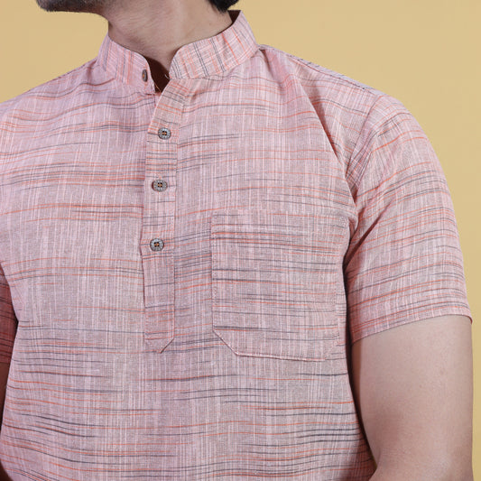 Close-up of Orange Light Jharna khadi kurta texture and mandarin collar