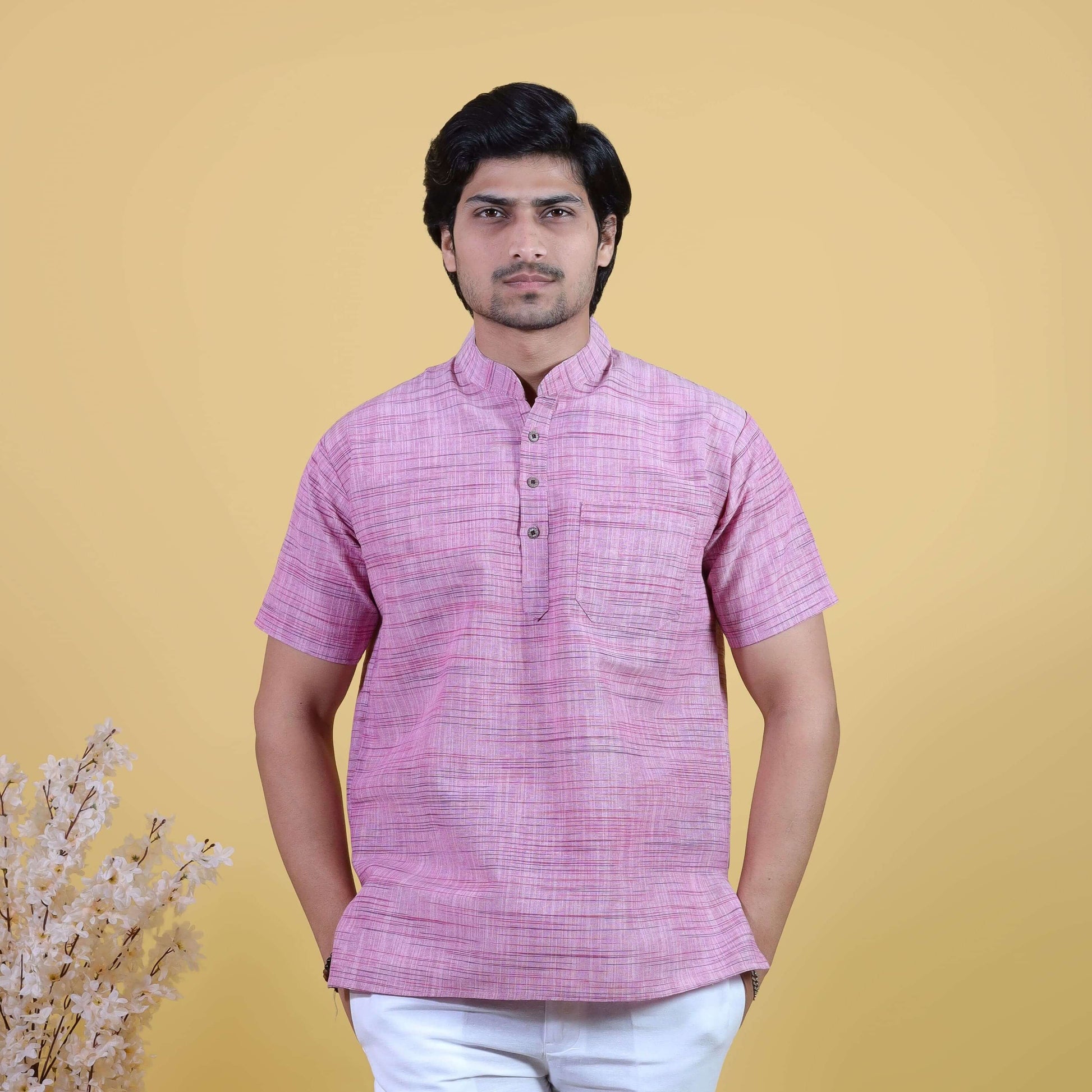 Pink Light Jharna half sleeves short kurta pant front view