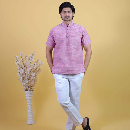 Pink Light Jharna Half Sleeves Short Kurta Pant for men by Kargham