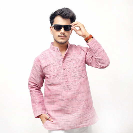 Pink Weave Light Jharna Full Sleeves Khadi Cotton Short Kurta front view